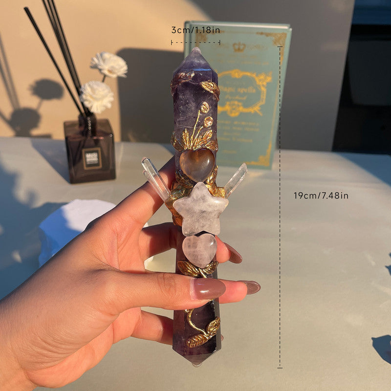 Handmade Crystal Wand Natural Stone Scepter Raw Gemstone Magic Wand Healing Tool Green Fluorite star pattern - Product image 3