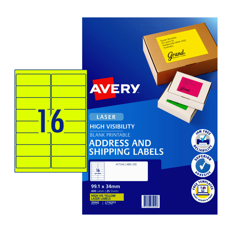 AVERY LaserLabel Yl L7162FY 16Up Pack of 25 - Main product image