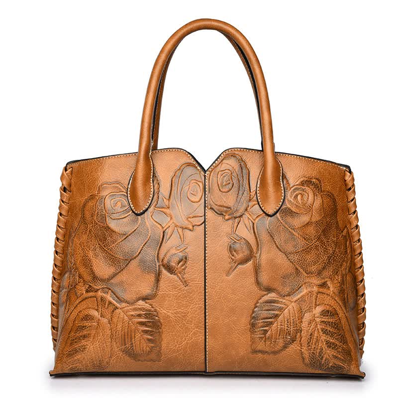Elegant Embossed Rose Leather Handbag