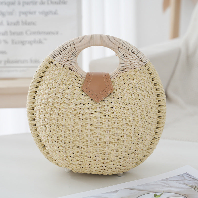 Boho Circle Straw Bag - Stylish Woven Tote with Round Handles