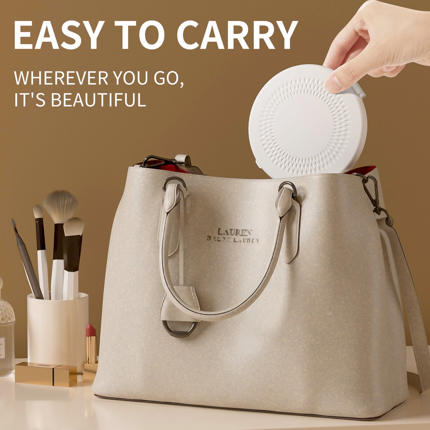 LED Lighted Travel Makeup Mirror - Double-Sided 1X/5X Magnification, USB-C Rechargeable, Induction Light(Khaki) - Product image 5