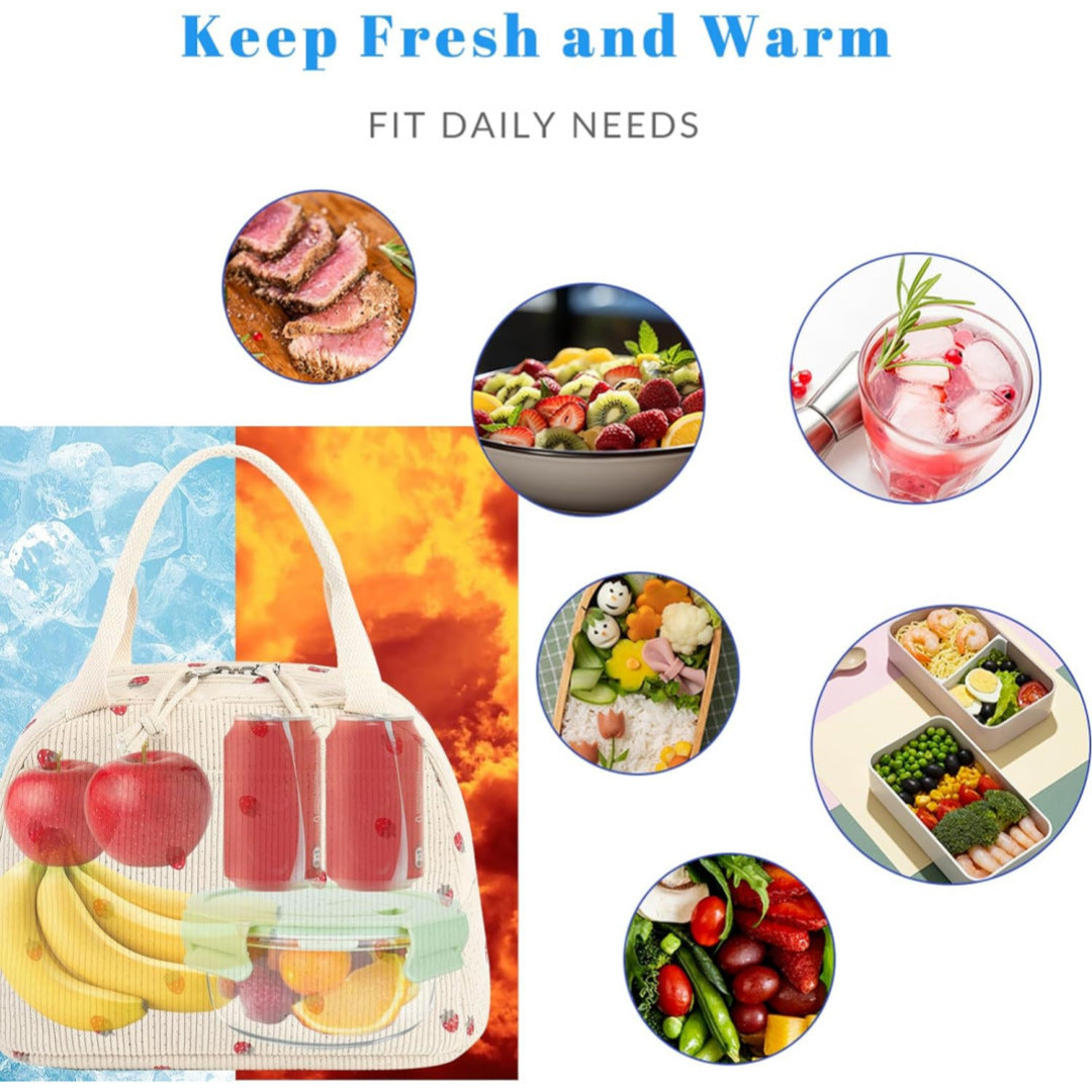 Pink Strawberry Pattern Corduroy Lunch Bag - Insulated Thermal Cooler Tote for School Work and Picnics - Product image 8