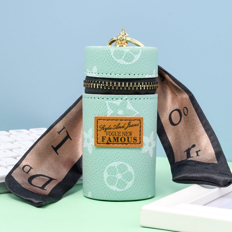 Mini Cylinder Lipstick Case Keychain with Silk Scarf Charm PU Leather Coin Purse Bag Pendant for Earphones Keys Vintage Floral Pattern