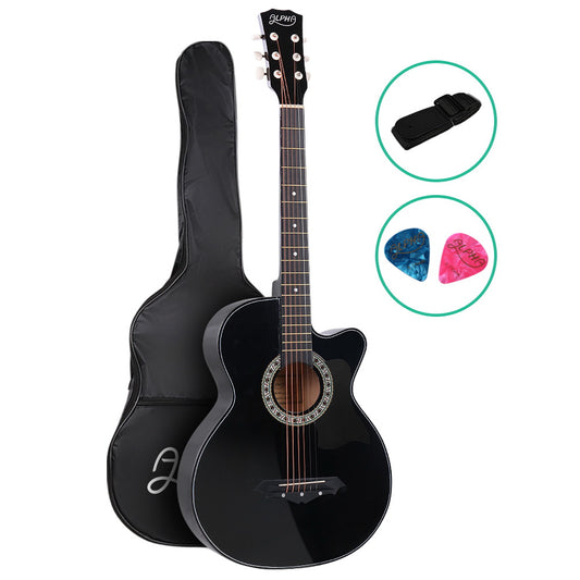 Alpha 38 Inch Acoustic Guitar Wooden Body Steel String Full Size Cutaway Black - Main product image