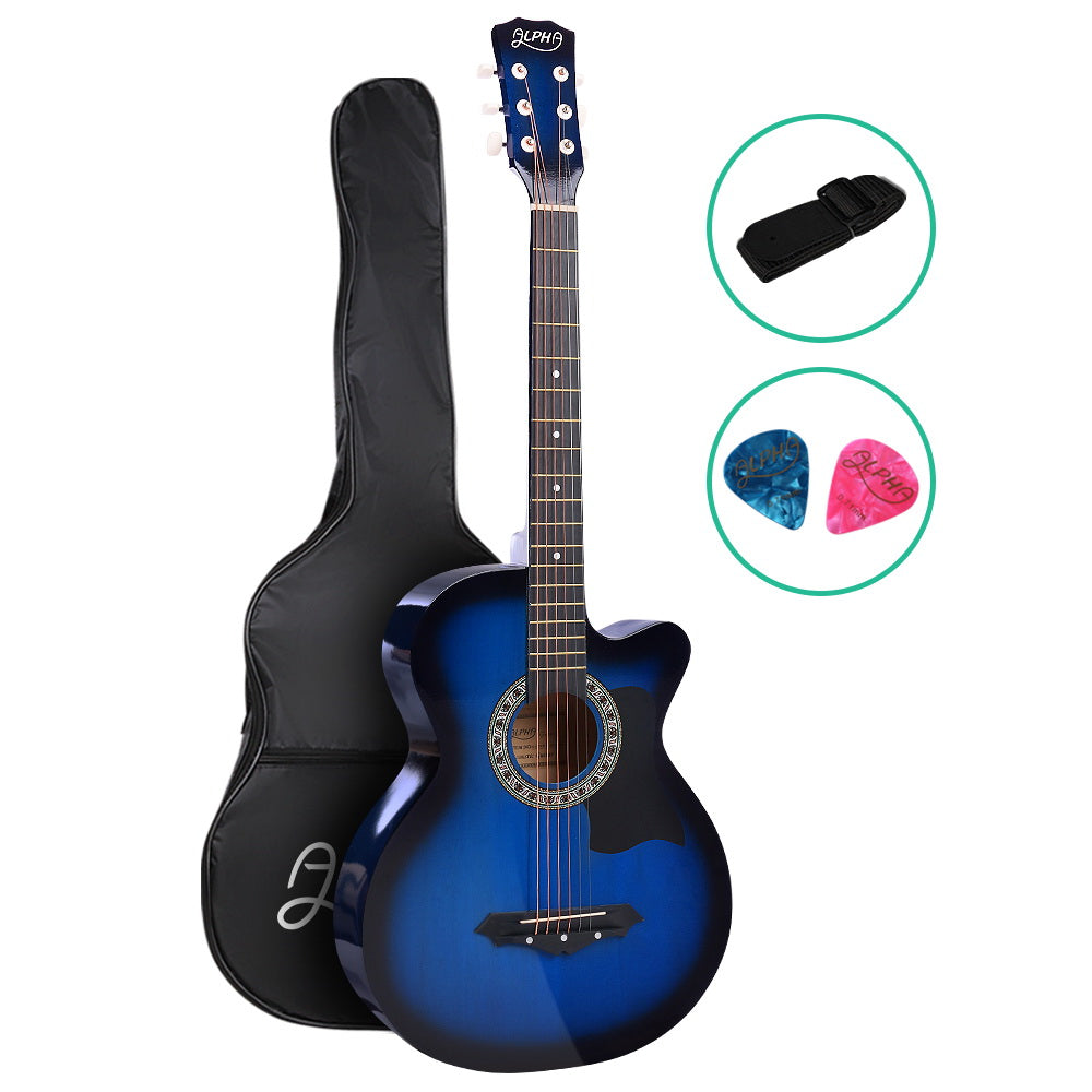 Alpha 38 Inch Acoustic Guitar Wooden Body Steel String Full Size Cutaway Blue - Main product image