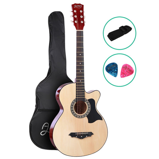 Alpha 38 Inch Acoustic Guitar Wooden Body Steel String Full Size Cutaway Wood - Main product image