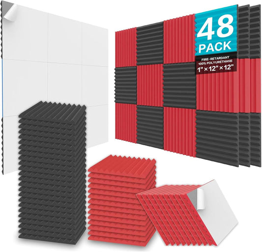 JBER Acoustic Panels  Foam Wedges 48pcs 30x30x2.5cm for Soundproof Padding Wall Black&Red - Main product image