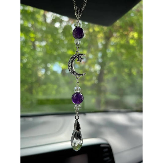 Moon and Star Rear View Mirror Accessories,Crystal Amethyst Stone Bead Car Decor Boho Witchy Suncatcher Healing Car Charm Hanging Ornaments for Women Men - Main product image