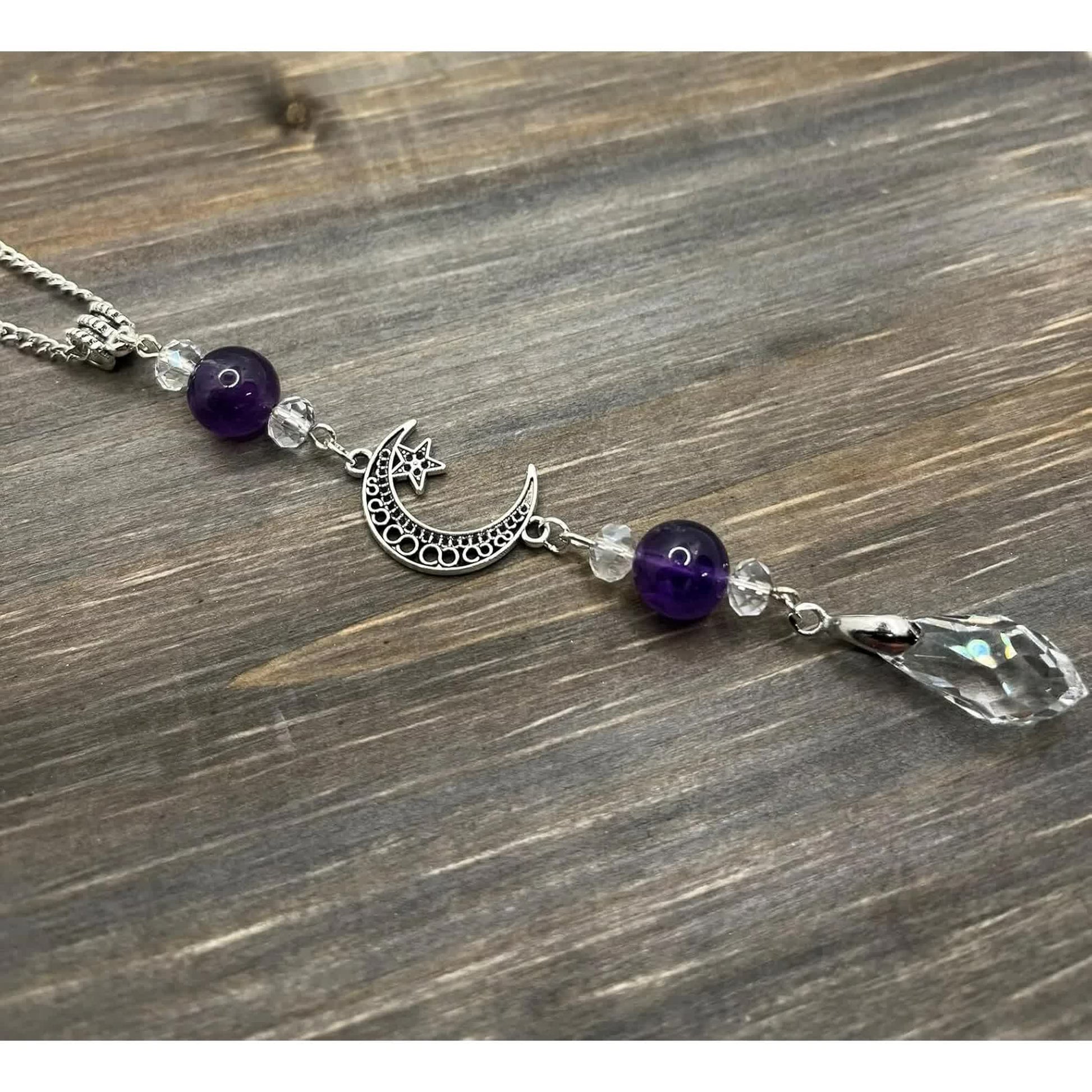 Moon and Star Rear View Mirror Accessories,Crystal Amethyst Stone Bead Car Decor Boho Witchy Suncatcher Healing Car Charm Hanging Ornaments for Women Men - Product image 2