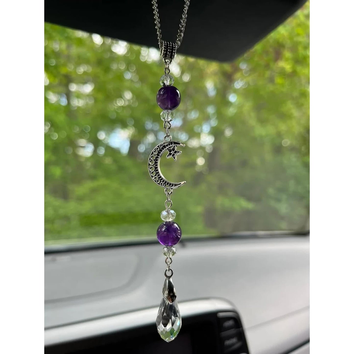 Moon and Star Rear View Mirror Accessories,Crystal Amethyst Stone Bead Car Decor Boho Witchy Suncatcher Healing Car Charm Hanging Ornaments for Women Men - Product image 3