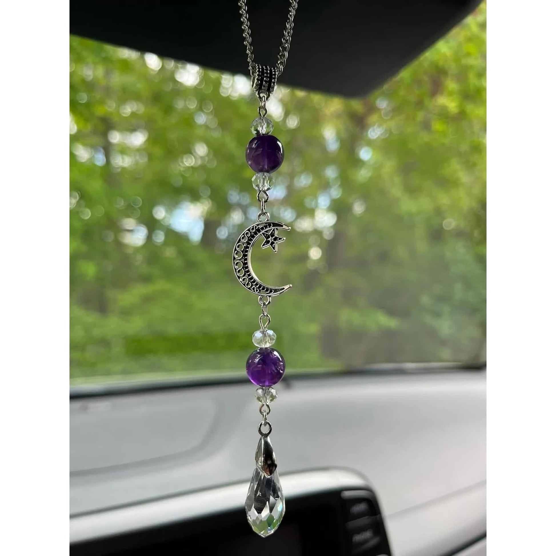 Moon and Star Rear View Mirror Accessories,Crystal Amethyst Stone Bead Car Decor Boho Witchy Suncatcher Healing Car Charm Hanging Ornaments for Women Men - Product image 3