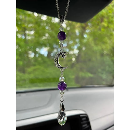 Moon and Star Rear View Mirror Accessories,Crystal Amethyst Stone Bead Car Decor Boho Witchy Suncatcher Healing Car Charm Hanging Ornaments for Women Men - Product image 3