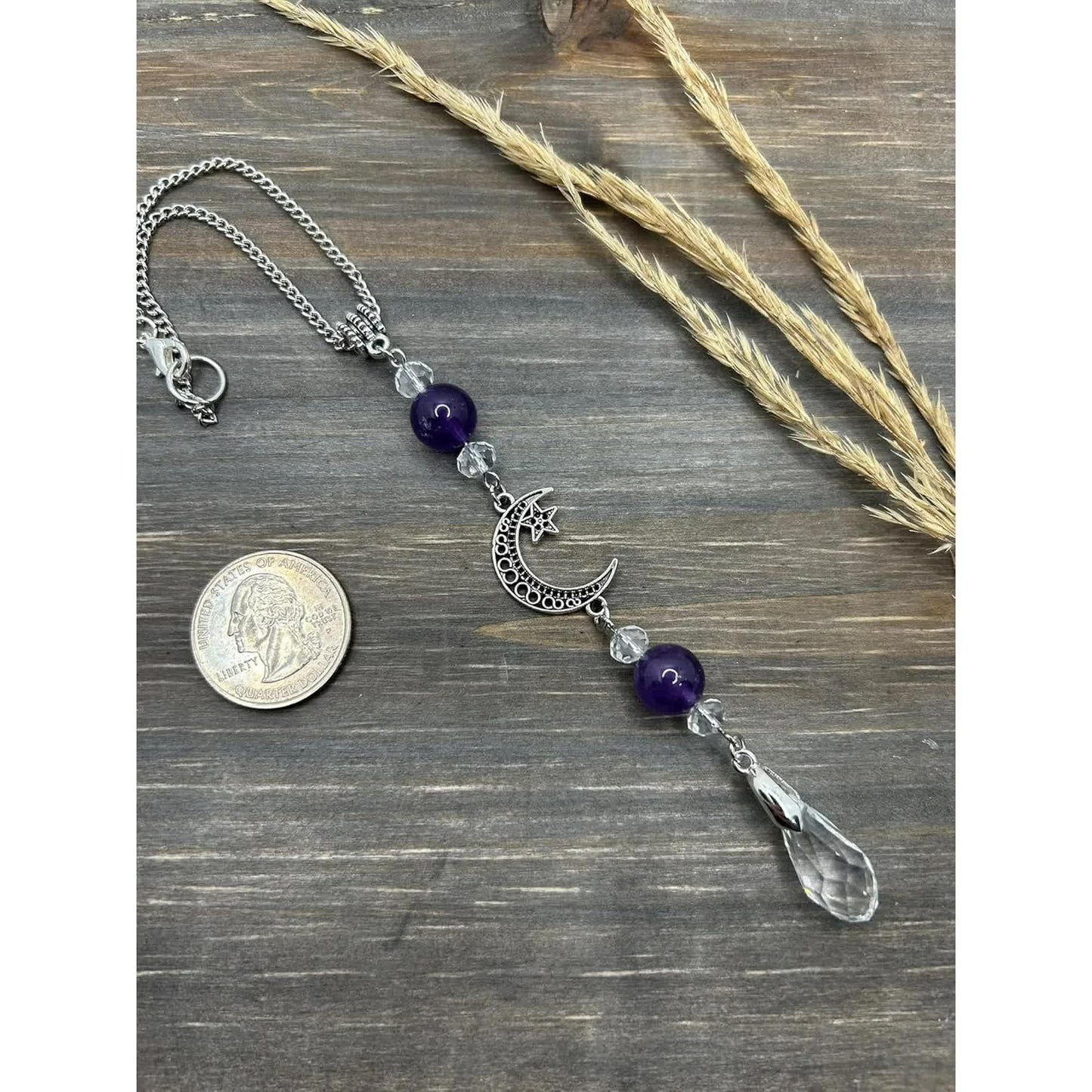 Moon and Star Rear View Mirror Accessories,Crystal Amethyst Stone Bead Car Decor Boho Witchy Suncatcher Healing Car Charm Hanging Ornaments for Women Men - Product image 4