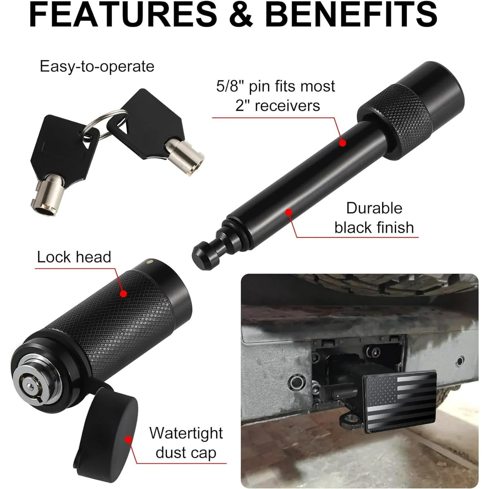 Tow Hitch Cover, Heavy American Flag Metal Trailer Hitch Cover for 2 Inch Receivers, Ideal for Truck Accessories with 5/8-Inch Pin Diameter Trailer Hitch Lock - Product image 3