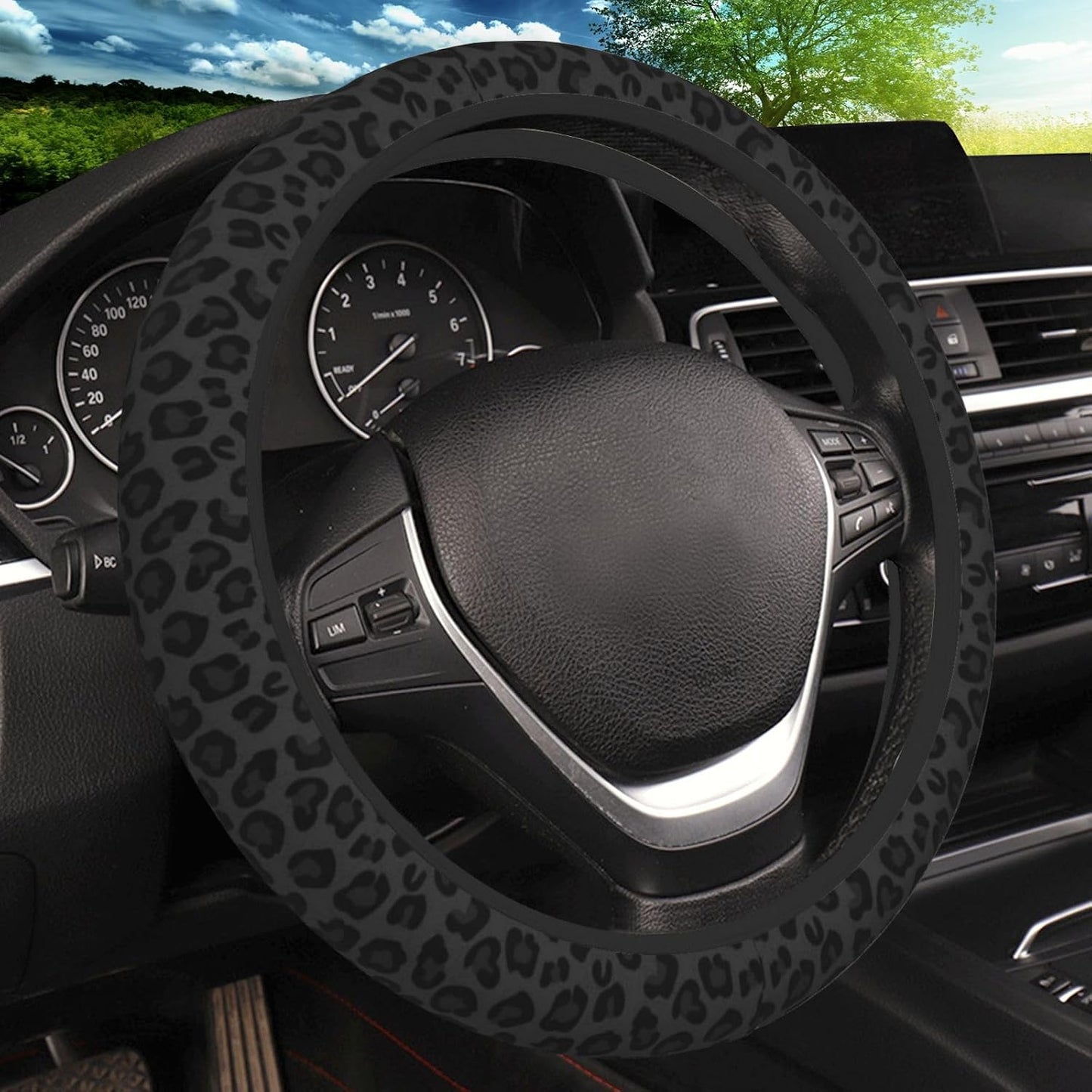 Black Leopard Print Cheetah Elastic Steering Wheel Cover, Non-Slip Breathable Neoprene Steering Wheel Covers, Women Leopard Car Accessories, Universal 15 Inch Fit Auto, Suvs, Truck - Main product image