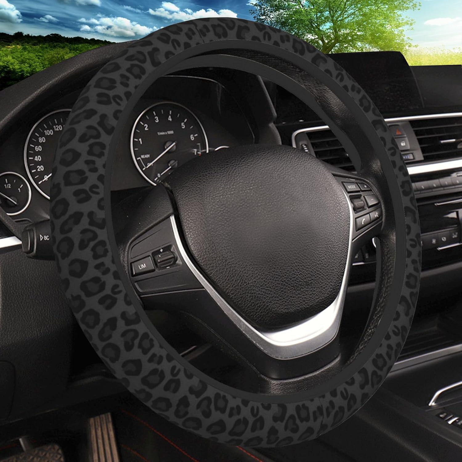 Black Leopard Print Cheetah Elastic Steering Wheel Cover, Non-Slip Breathable Neoprene Steering Wheel Covers, Women Leopard Car Accessories, Universal 15 Inch Fit Auto, Suvs, Truck - Main product image
