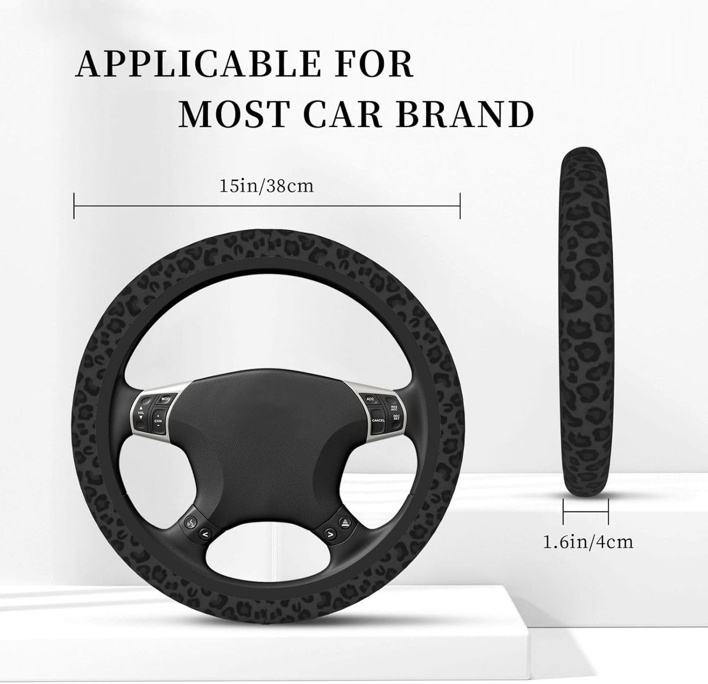 Black Leopard Print Cheetah Elastic Steering Wheel Cover, Non-Slip Breathable Neoprene Steering Wheel Covers, Women Leopard Car Accessories, Universal 15 Inch Fit Auto, Suvs, Truck - Product image 4