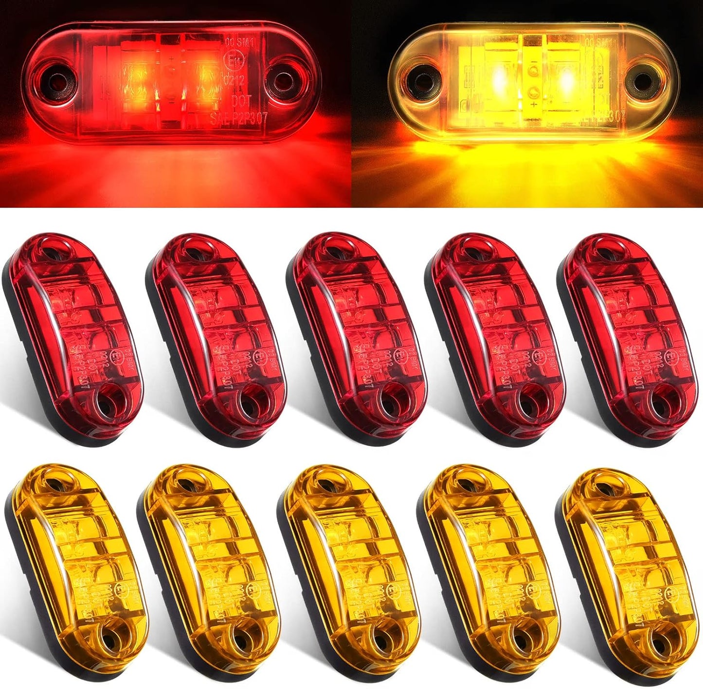 10 Pcs 2.5 Inch LED Trailer Lights 2 Diode Waterproof LED Trailer Side Marker Lights Oval Signal Running Lights For Truck Boat RV(Amber, Red) - Main product image