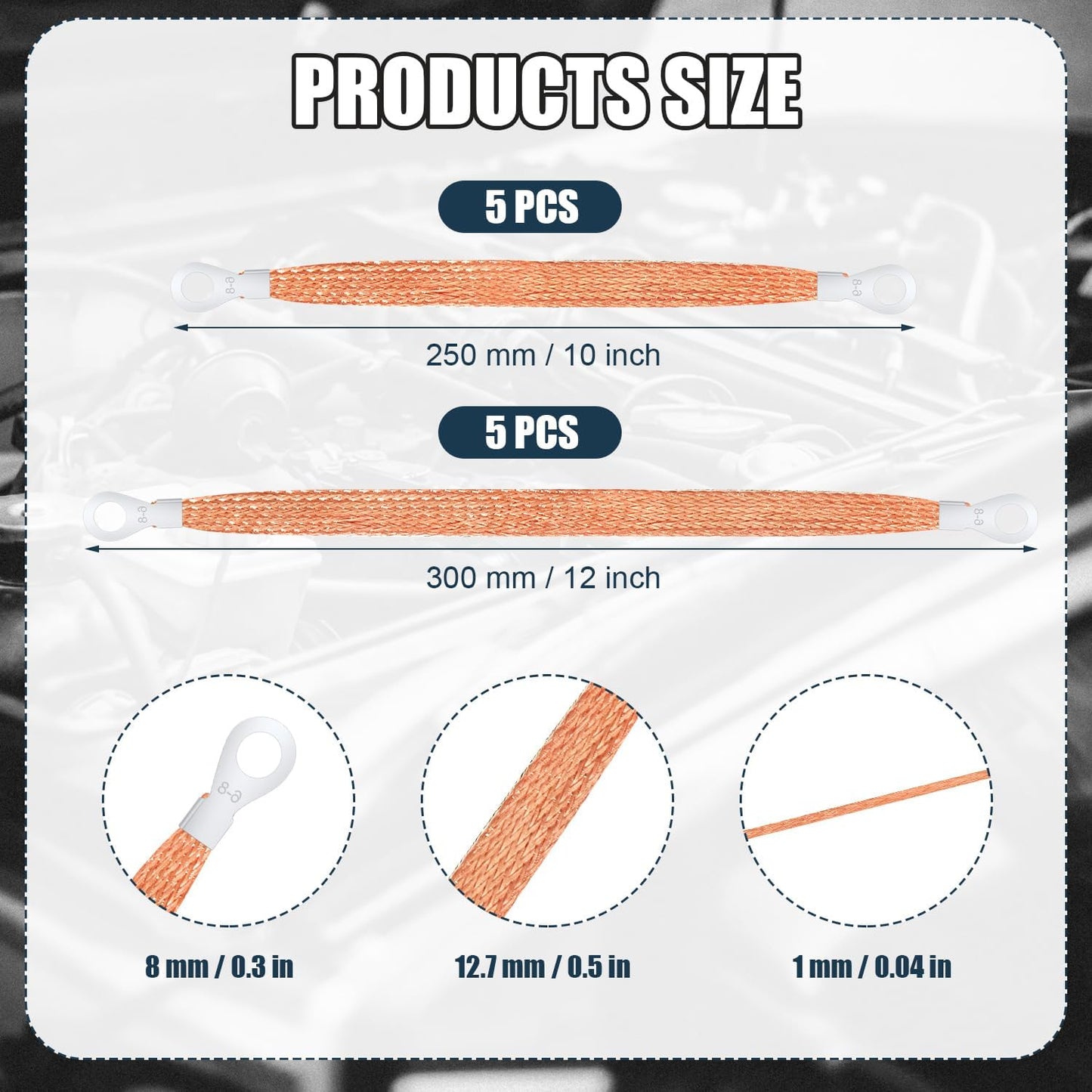 10pcs Universal Automotive Ground Straps, 10/12 inch Engine Ground Strap Kit Braided Copper Ground Straps Automotive Ground Strap Wire Ground Strap Connectors for Most Cars (Copper) - Product image 2
