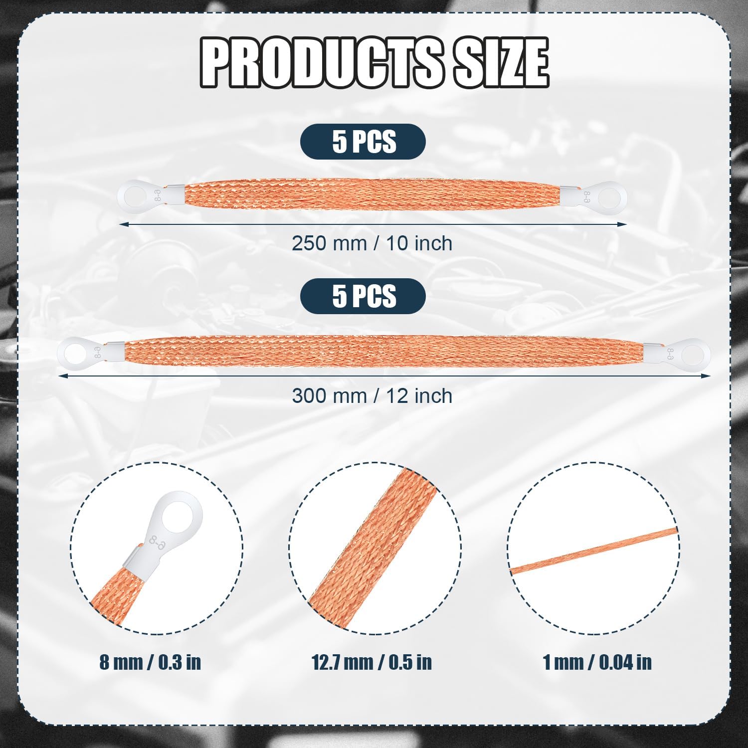 10pcs Universal Automotive Ground Straps, 10/12 inch Engine Ground Strap Kit Braided Copper Ground Straps Automotive Ground Strap Wire Ground Strap Connectors for Most Cars (Copper) - Product image 2