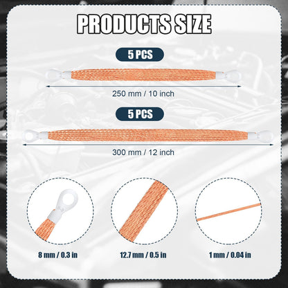 10pcs Universal Automotive Ground Straps, 10/12 inch Engine Ground Strap Kit Braided Copper Ground Straps Automotive Ground Strap Wire Ground Strap Connectors for Most Cars (Copper) - Product image 2