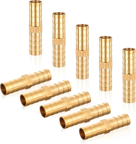 10Pcs Brass Hose Barb Fitting, 3/8" Hose ID Brass Hex Barbed Splicer Mender Barb Hose Union Fuel Gas Water Air Oil, Barbed Fuel Line Connecto Splicer Brass Hose Fitting Mender Joiner - Main product image