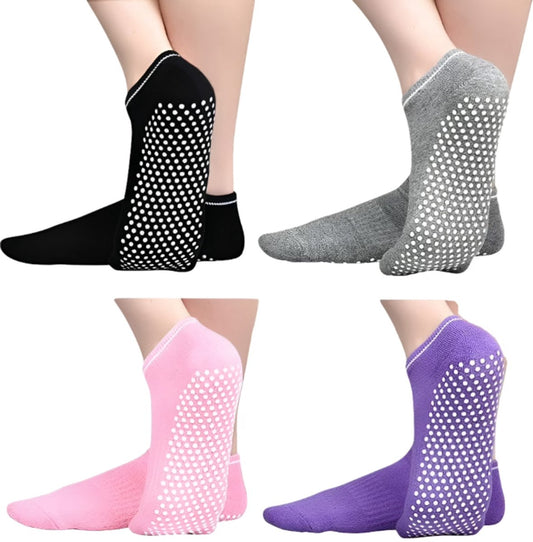 Non-slip socks - Pack of 4 pairs - Yoga and trampoline socks - Non-slip texture - Suitable for family use (black + light gray + pink + purple) - Main product image