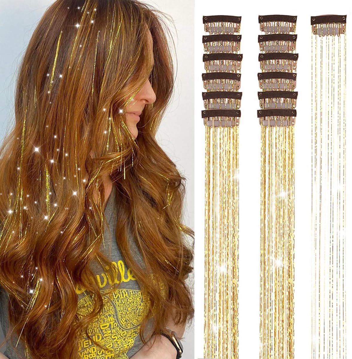 Hair Tinsels - Festival Glitter Hair Extensions - Glittery Hair Extensions - 12-Piece Clip-On Hair Accessory Set - 52cm, for Christmas and New Year, Glittery Hair Extensions, Suitable for Women, Girls and Children (Gold) - Main product image