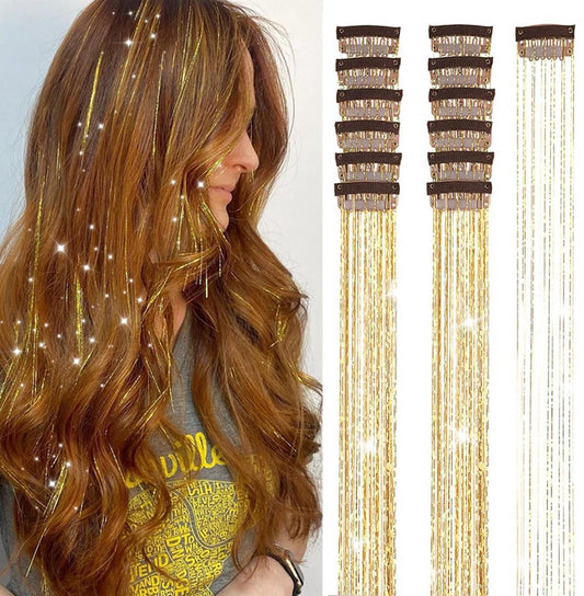 Hair Tinsels - Festival Glitter Hair Extensions - Glittery Hair Extensions - 12-Piece Clip-On Hair Accessory Set - 52cm, for Christmas and New Year, Glittery Hair Extensions, Suitable for Women, Girls and Children (Gold) - Main product image