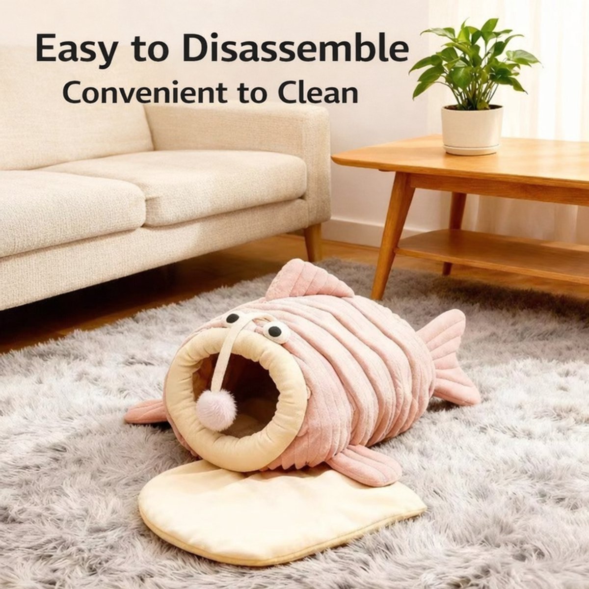 Cat Bed - Cave Cat Basket - Calming and Anxiety Relieving - Lantern Fish Shape - Pink（S：45*33*26cm） - Product image 3