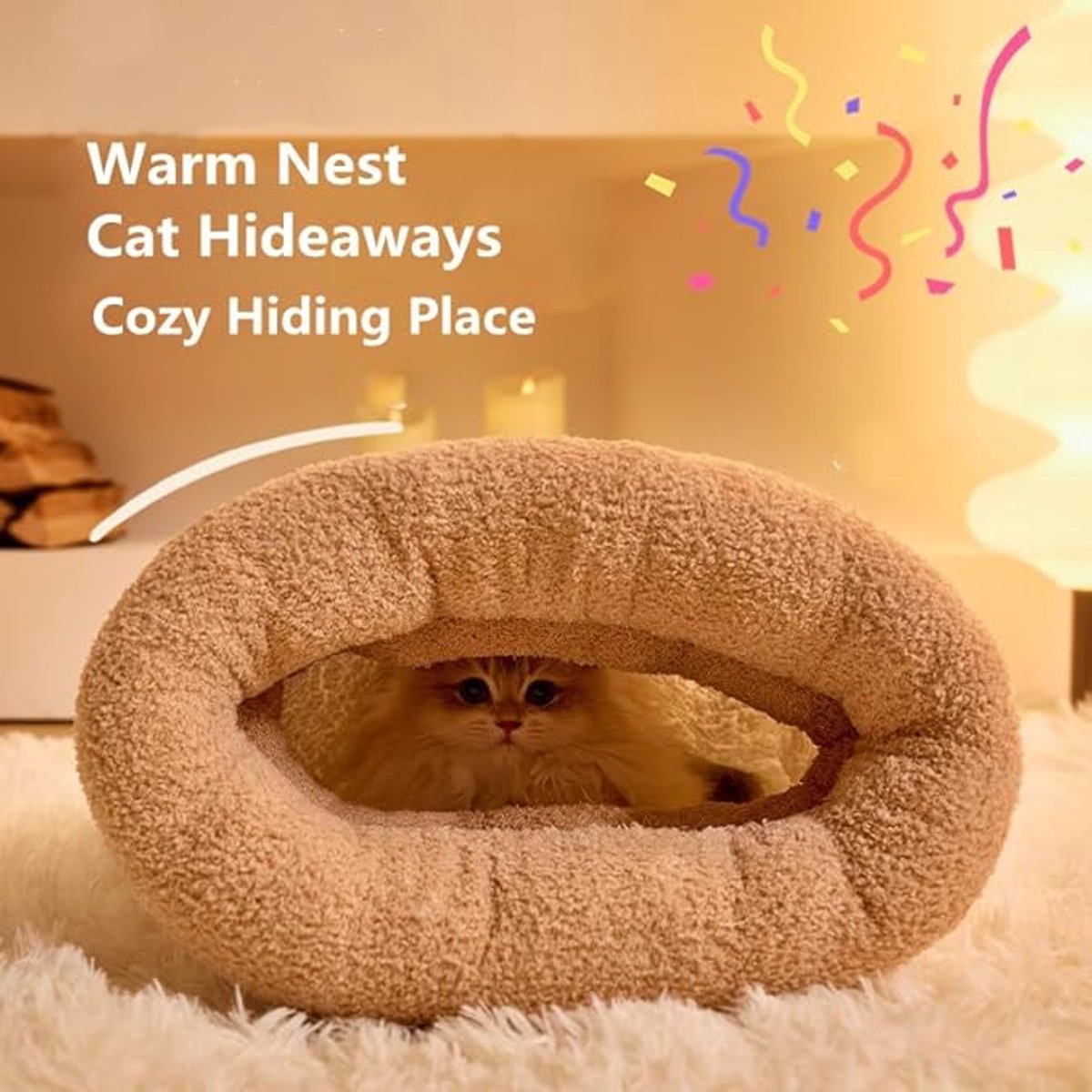 Cat Bed - Cave Cat Basket - Winter Sleeping Bag for Pets - Soft Plush Cat Bed - Suitable for Indoor Cats, Kittens and Dogs (Beige, M-44*37cm) - Product image 2