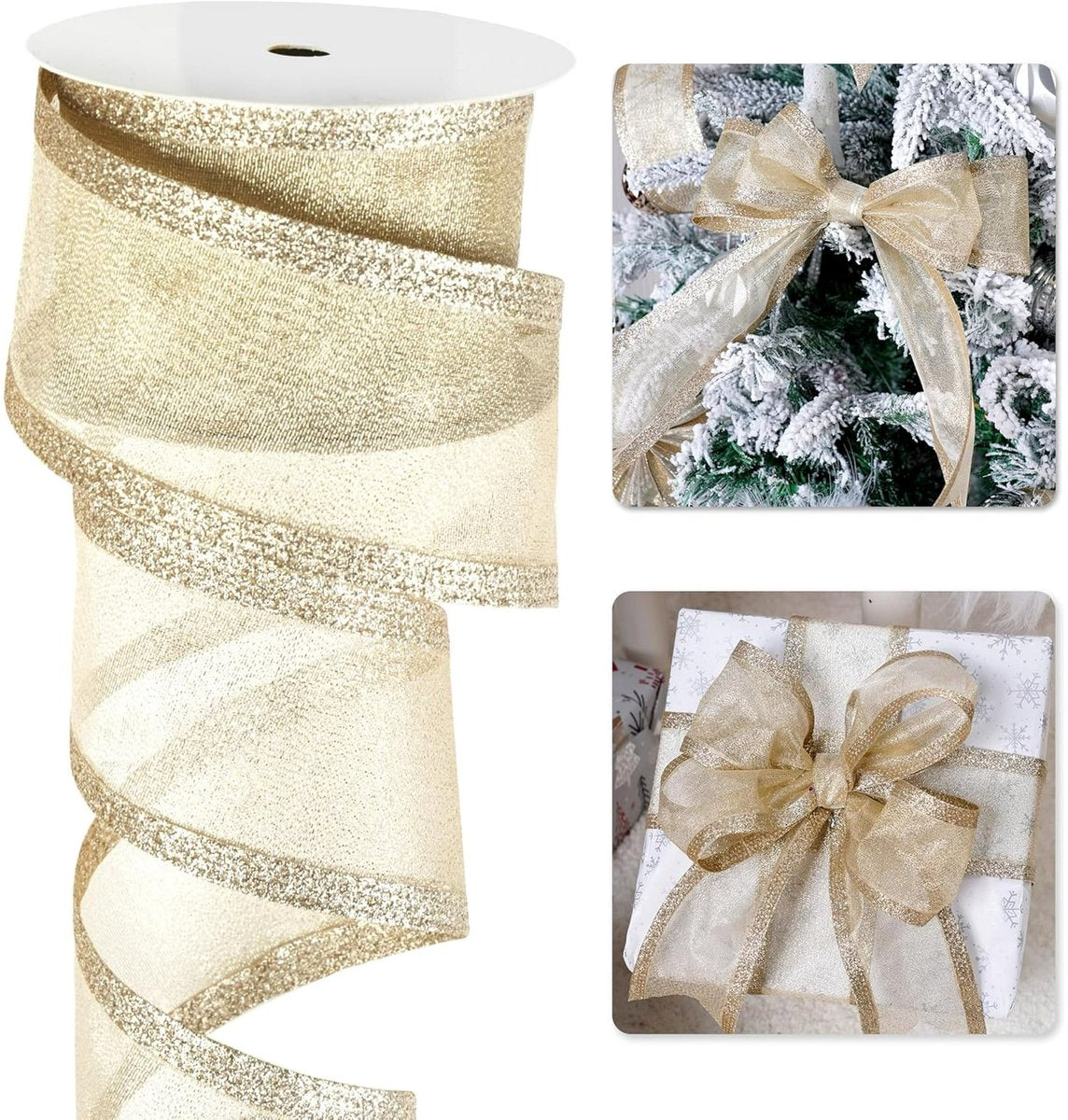 Champagne Christmas Ribbon - 2.5" Champagne Gold Metallic Ribbon with Glitter Stripes - Christmas Tree Ribbon, Garland Supplies - Ornaments - Wreaths - Party Decorations - 10 Yards - Main product image