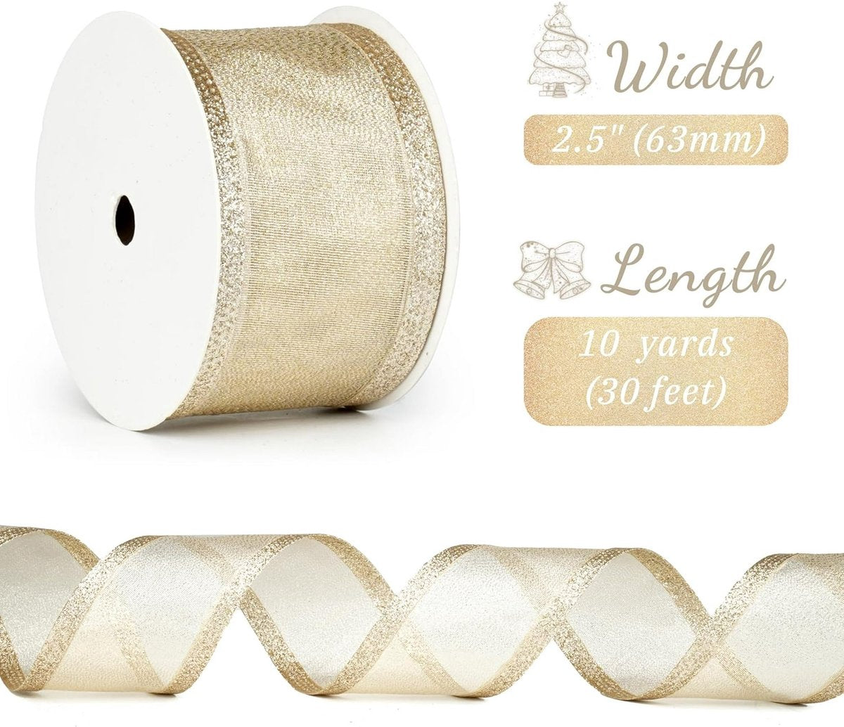 Champagne Christmas Ribbon - 2.5" Champagne Gold Metallic Ribbon with Glitter Stripes - Christmas Tree Ribbon, Garland Supplies - Ornaments - Wreaths - Party Decorations - 10 Yards - Product image 2