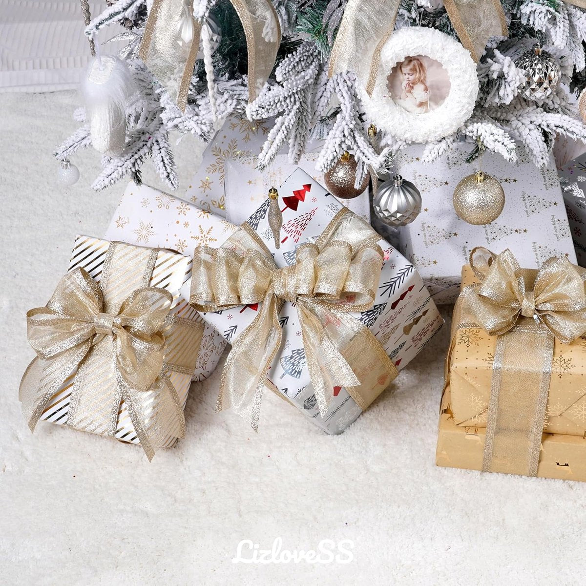 Champagne Christmas Ribbon - 2.5" Champagne Gold Metallic Ribbon with Glitter Stripes - Christmas Tree Ribbon, Garland Supplies - Ornaments - Wreaths - Party Decorations - 10 Yards - Product image 3