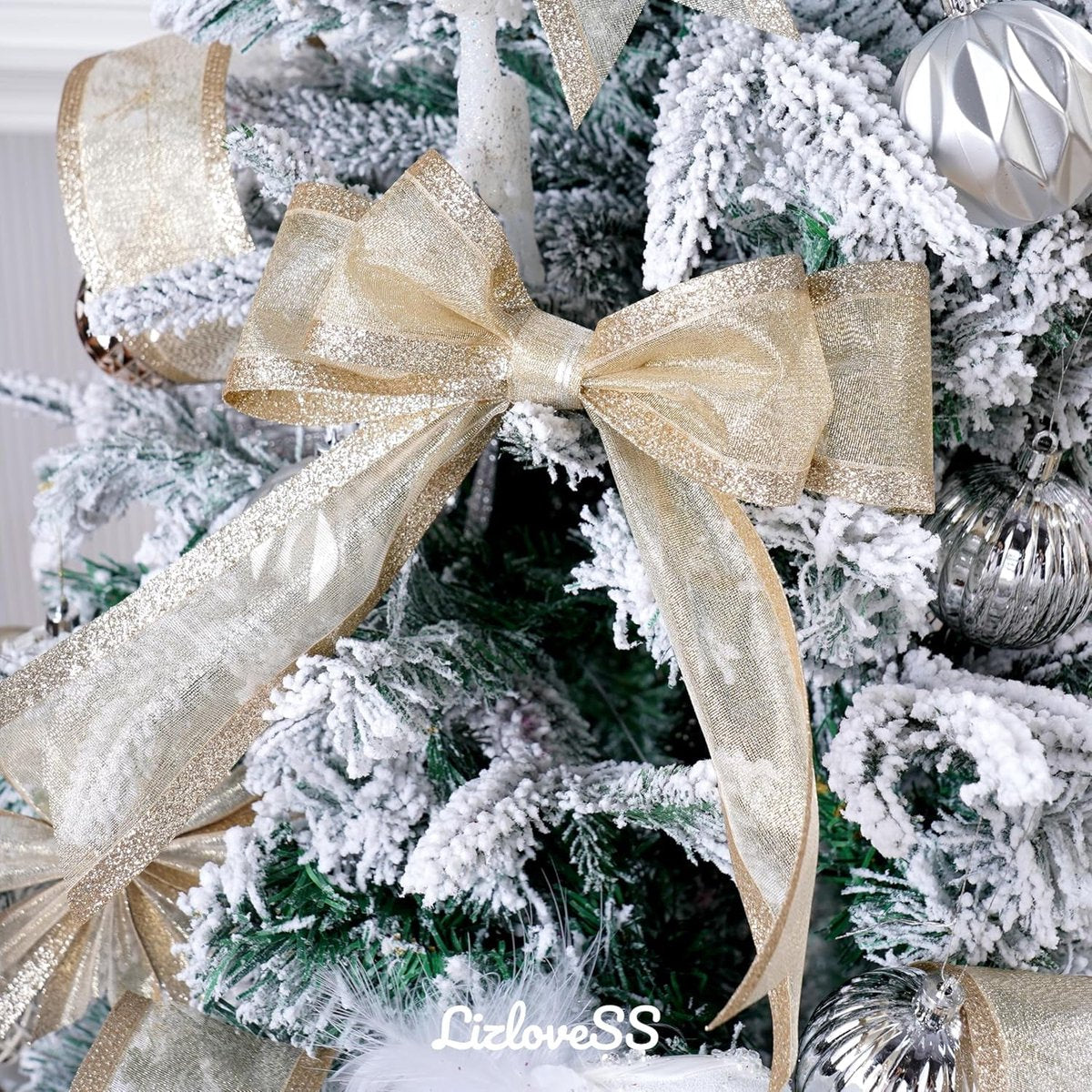 Champagne Christmas Ribbon - 2.5" Champagne Gold Metallic Ribbon with Glitter Stripes - Christmas Tree Ribbon, Garland Supplies - Ornaments - Wreaths - Party Decorations - 10 Yards - Product image 4