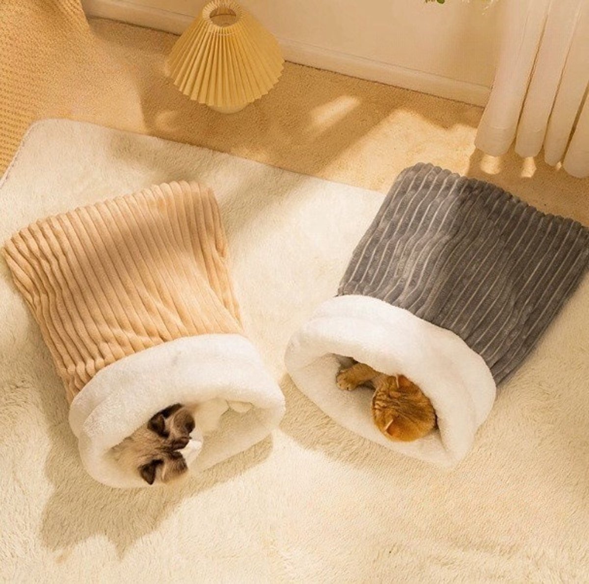 Cat Bed - Cave Cat Basket - Winter Sleeping Bag for Pets - Soft Plush Cat Bed - Suitable for Indoor Cats, Kittens and Dogs (Beige, L-54*45cm) - Product image 3