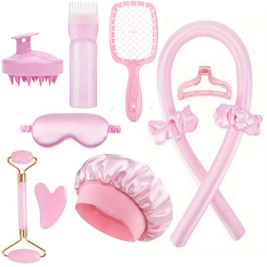 Hair Rollers - 11-Piece - Heatless Curling Iron - Heatless Curls - Curls without Heat - Includes Hair Clip and Satin Sleep Cap (Pink) - Main product image
