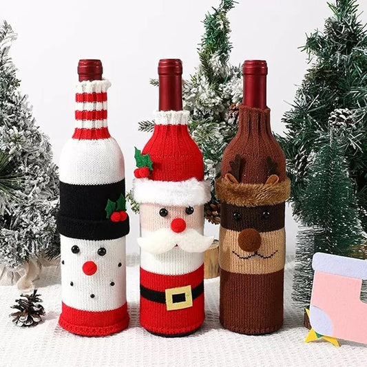 Wine Bottle Cover - Christmas Wine Bottle Cover - Hand-Knitted Cartoon Decorated Bottle Cover - Christmas Gifts for Adults - Perfect for Holiday Party Decorations (3-Piece Set) - Main product image