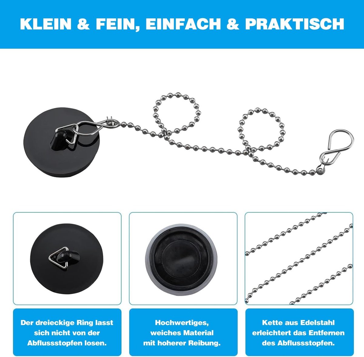 2-Pack Drain Plug - Sink Plug - Bath Plug for Home - Universal Plug Set - Diameter 42-45 mm - For Sinks - Kitchen Sink Plug Chain - Black - Product image 2