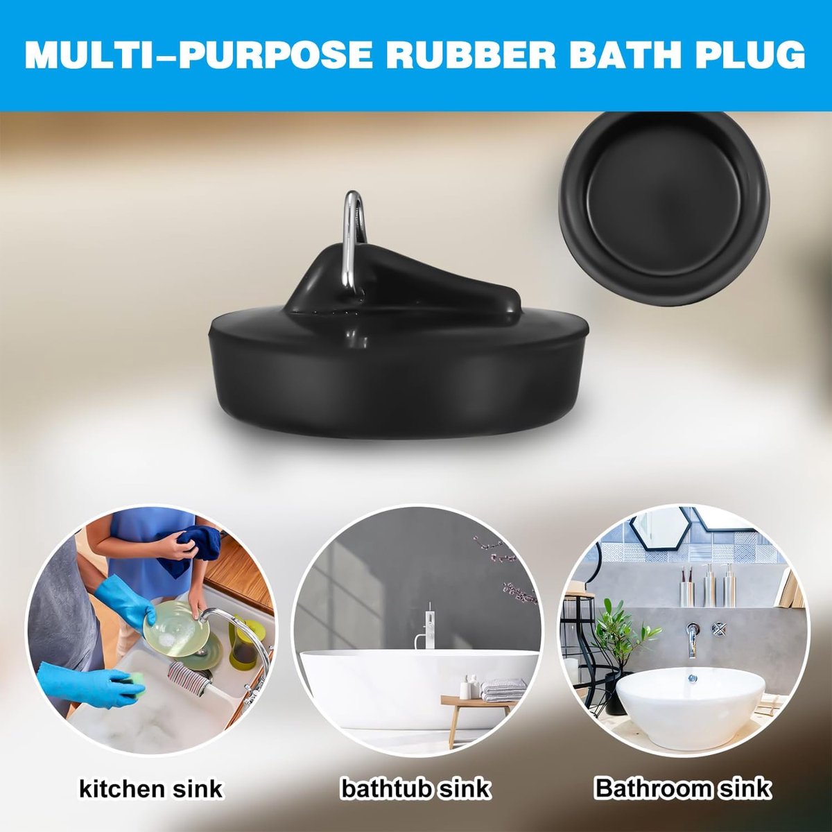 2-Pack Drain Plug - Sink Plug - Bath Plug for Home - Universal Plug Set - Diameter 42-45 mm - For Sinks - Kitchen Sink Plug Chain - Black - Product image 5
