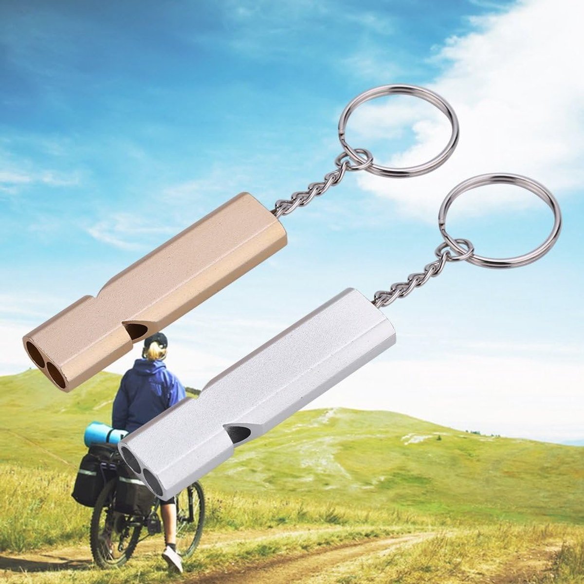 Whistles - Emergency Survival Whistles - Set of 2 - Extra Loud Aluminum Whistles for Outdoor Use - Slim Double-Barrel Rescue Whistles - Suitable for Swim Training, Camping, Hiking, Hunting, Boating and Other Activities (Gold + Silver) - Product image 5