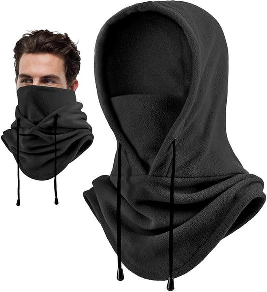 Hooded Scarf - Drawstring Scarf - Windproof Face Mask - Warm Face Mask - Scarf - Black - Motorcycle Neck Warmer - Suitable for winter activities such as skiing, running, cycling, motorcycling, picnicking and mountaineering. - Main product image