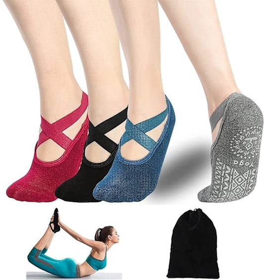 4 pairs of socks - yoga socks - non-slip socks - floor socks - yoga sports socks - one size fits all - suitable for ballet, dance, sports - red, blue, black, gray - Main product image