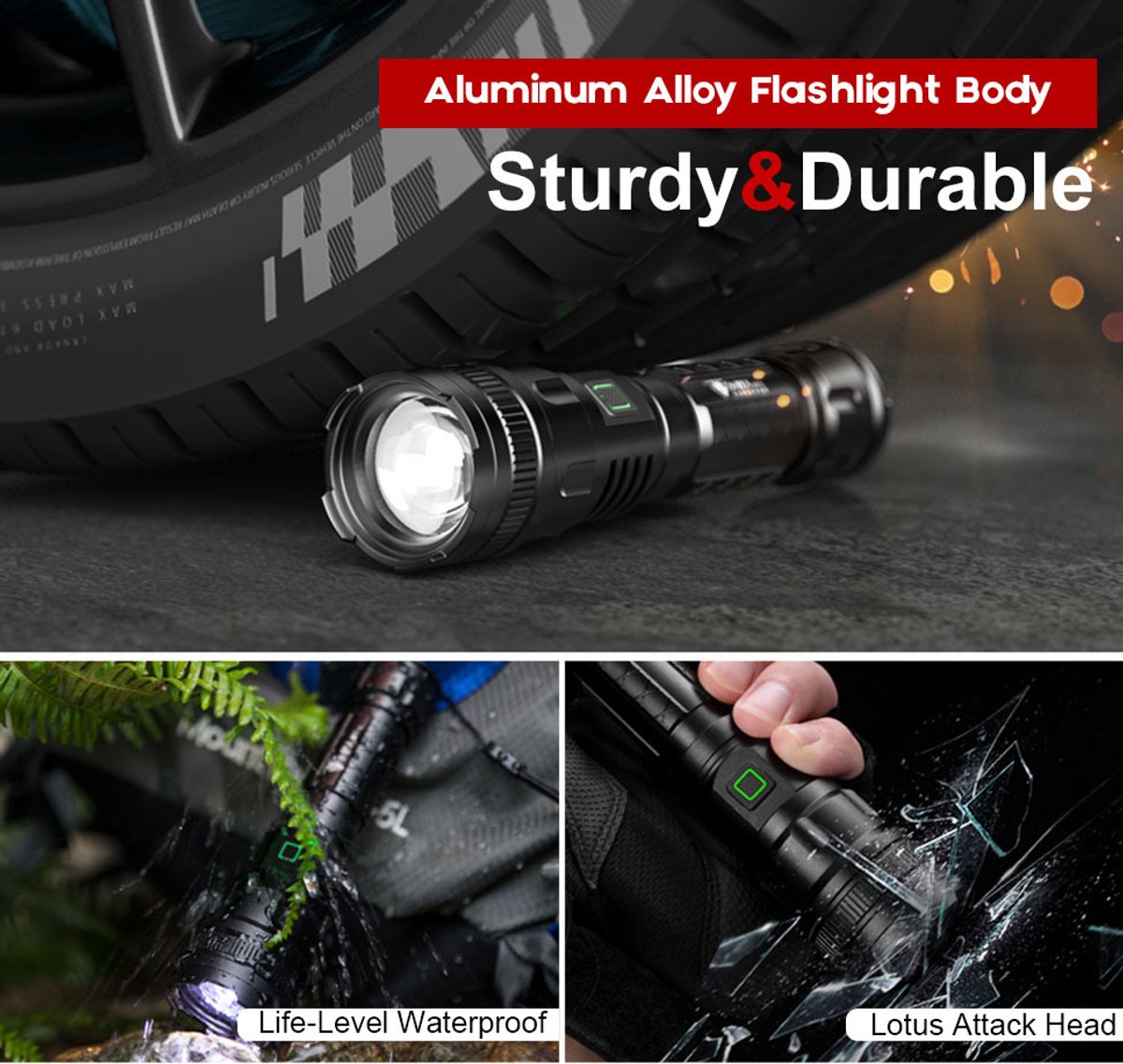 LED Flashlight - With Zoom Function & Waterproof - LED Flashlight - With Zoom Function & Waterproof - Battery-Powered Flashlight - USB Rechargeable - Long Battery Life - 3 Light Modes (Strong / Low / Flash)USB Rechargeable - Long Battery Life - 3 Light Mo - Product image 7