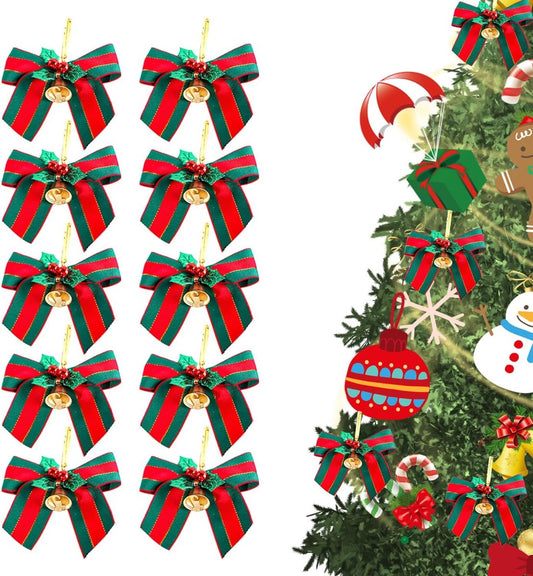 10 Christmas Bows - Decorative Ribbons - Bows with Bells - Decorative Ribbons - Car Ribbons - Christmas Tree Decorations - Gift Wrapping for Wine Bottles - Weddings and Birthdays (Red and Green) - Main product image