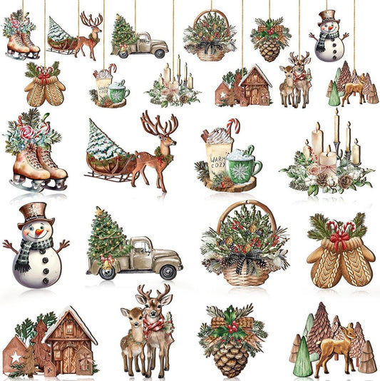 Christmas tree decorations (12 pieces) - Indoor Christmas decorations - Wooden Christmas tree decorations - Snowman - Sleigh - Reindeer set - Christmas decorations - Christmas decorations - Style B - Main product image