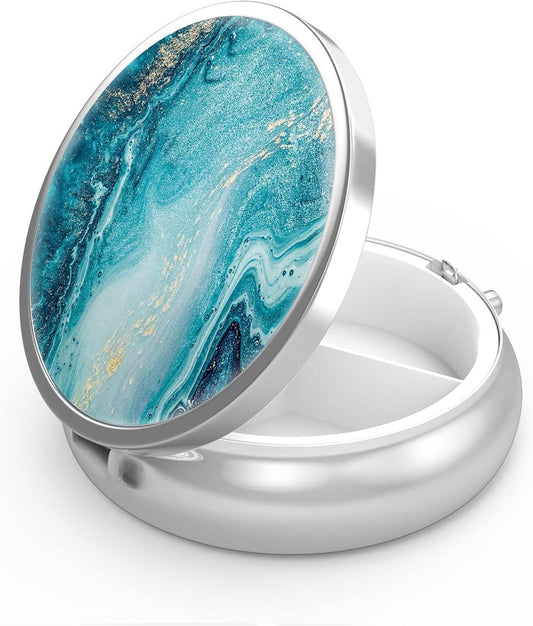 Pill Box - Three-Compartment Pill Box - Portable Pill Box - Fits in Pocket or Purse - Decorative Metal Medicine and Vitamin Storage Box - Unique Gift (Blue Quicksand) - Main product image
