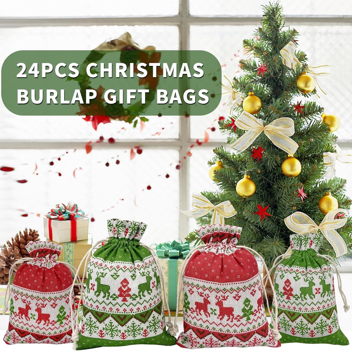 Christmas linen gift bags - 24 pieces - 10x14cm - Christmas decoration for indoors - Reusable - Christmas candy bags with drawstring - Suitable for gift bags for children's parties during the Christmas holidays - Product image 2