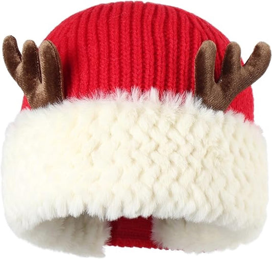 Hat - Warm knitted hat - Winter hats with reindeer antlers for women - Warm Christmas hats - Women (Red) - Main product image