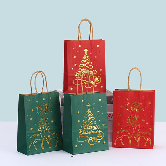 Gift Bags - 12 pieces - Kraft paper gift bags - Bags - Tote bags - Christmas paper bags with print - Party wrapping bags - Main product image